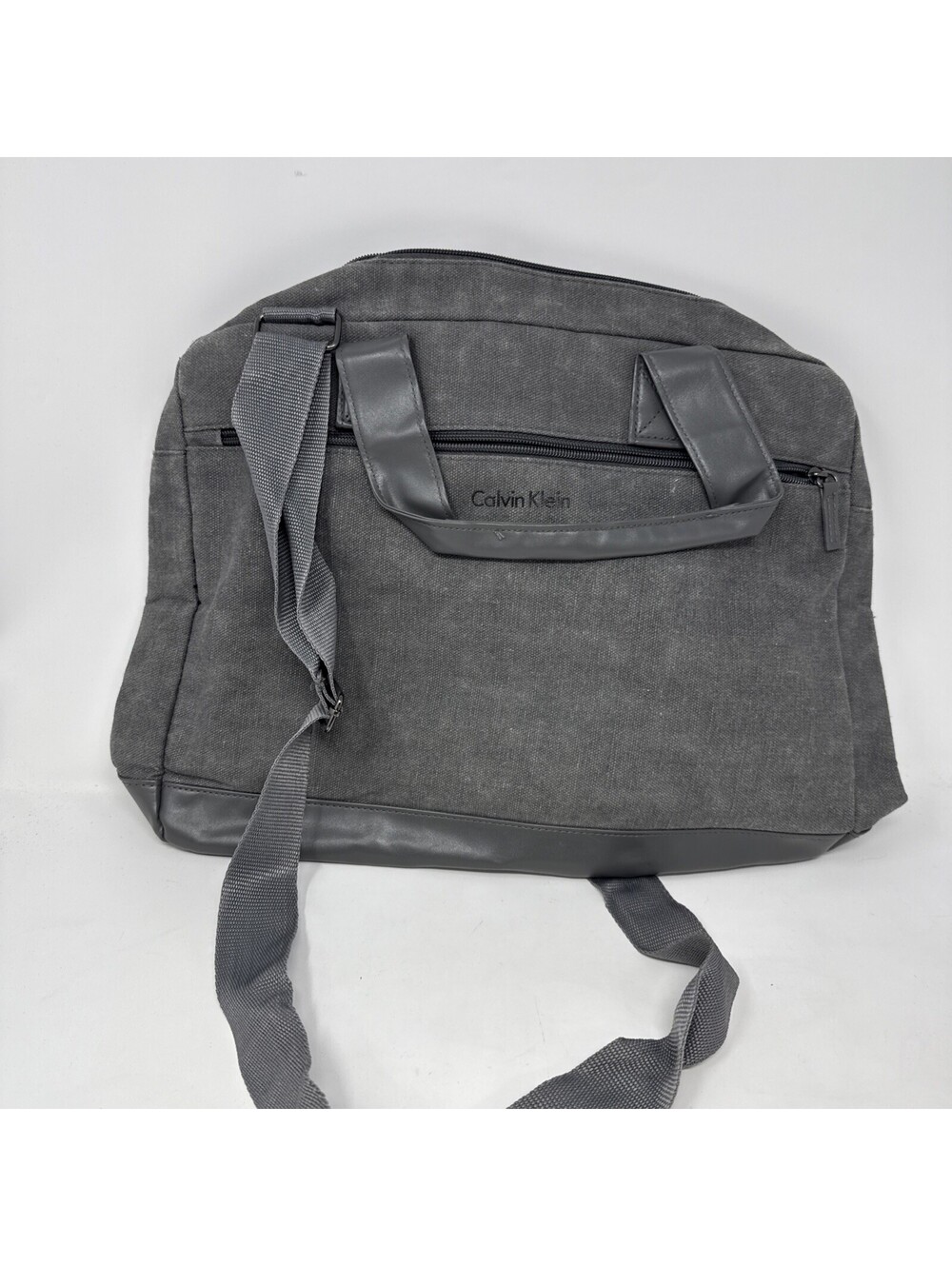 Calvin Klein Mens Duffle Gym Weekend Bag Dark Grey Faux Leather Trim Large Size